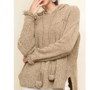 POL Chenille Pom Pom Hoodie Distressed Knit Sweater Pink Size Medium